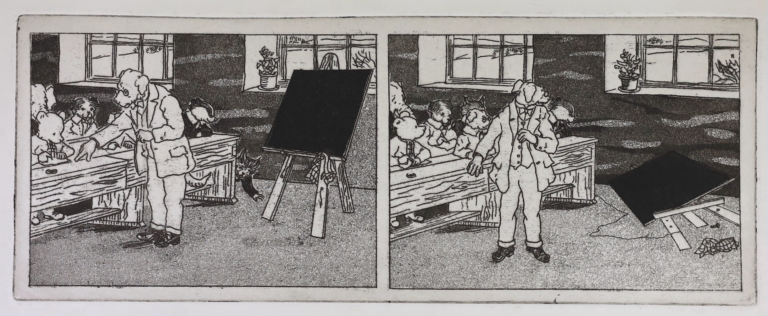 Attributed to Stanley Dobbin (1932-2021) after Mary Tourtel (1874-1948) - Two panels depicting classroom scenes, engraving, plate 13 x 34cms, sheet 26.5 x 45cms.